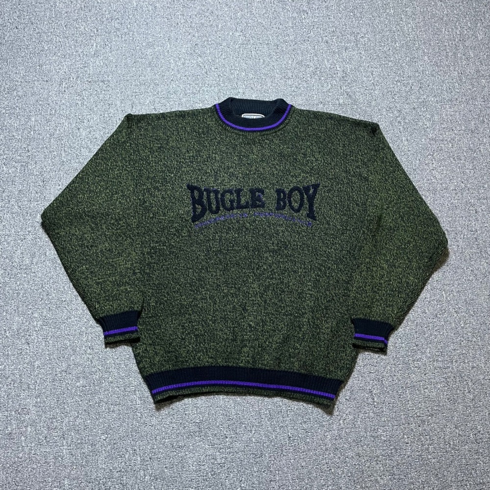 Vintage Bugle Boy Sweater Large Green Embroidered Logo Knit Pullover 90s Era